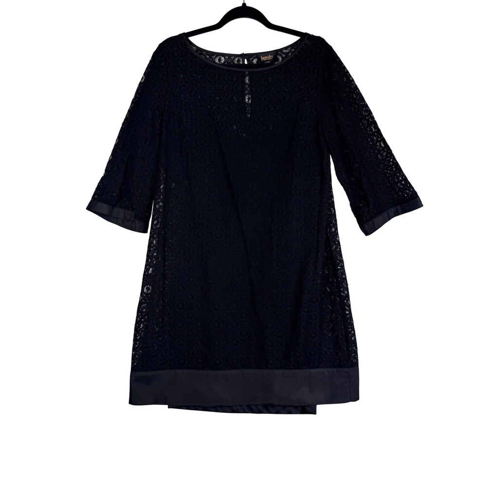 Black Medallion Lace Shift Dress Sz 12 3/4 Sleeve LBD RetroCore Old Money Formal